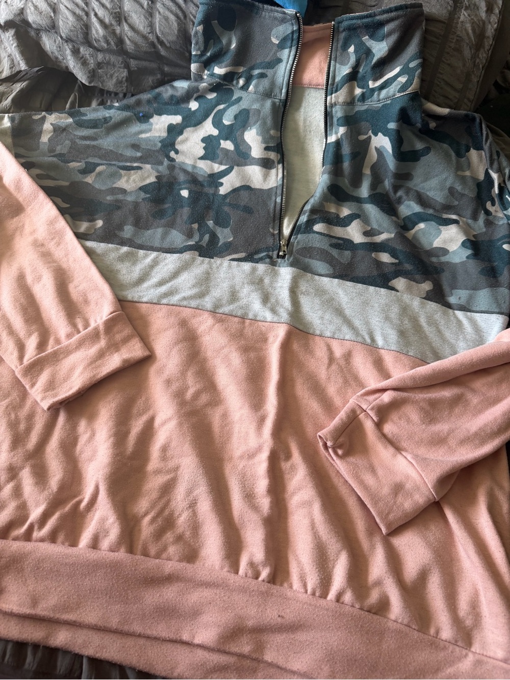 SHEIN Pink and Green Camo Quarter-Zip Pullover